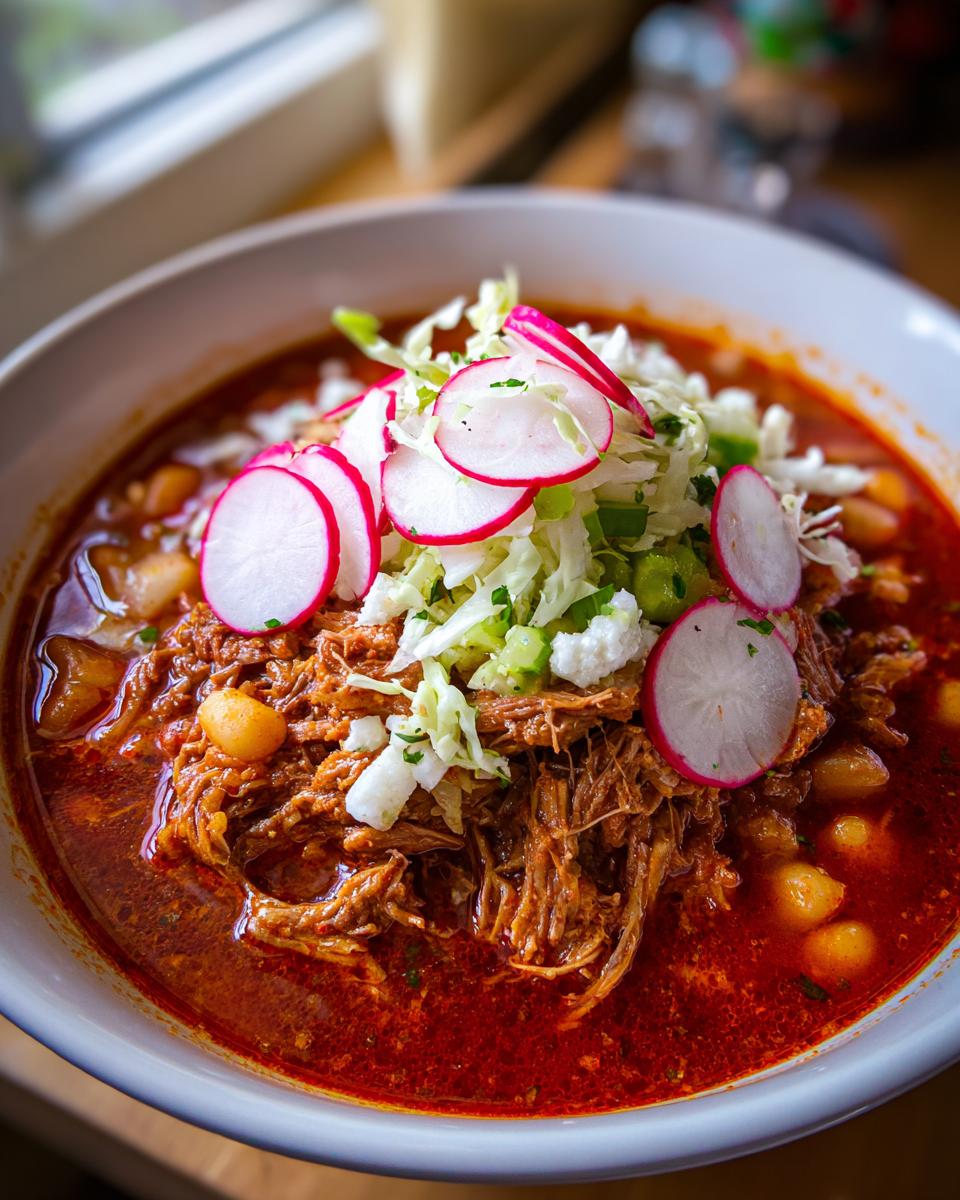 Close-up of a steaming bowl of red Pozole featuring shredded pork, hominy, and topped with shredded cabbage, radishes, and queso fresco.