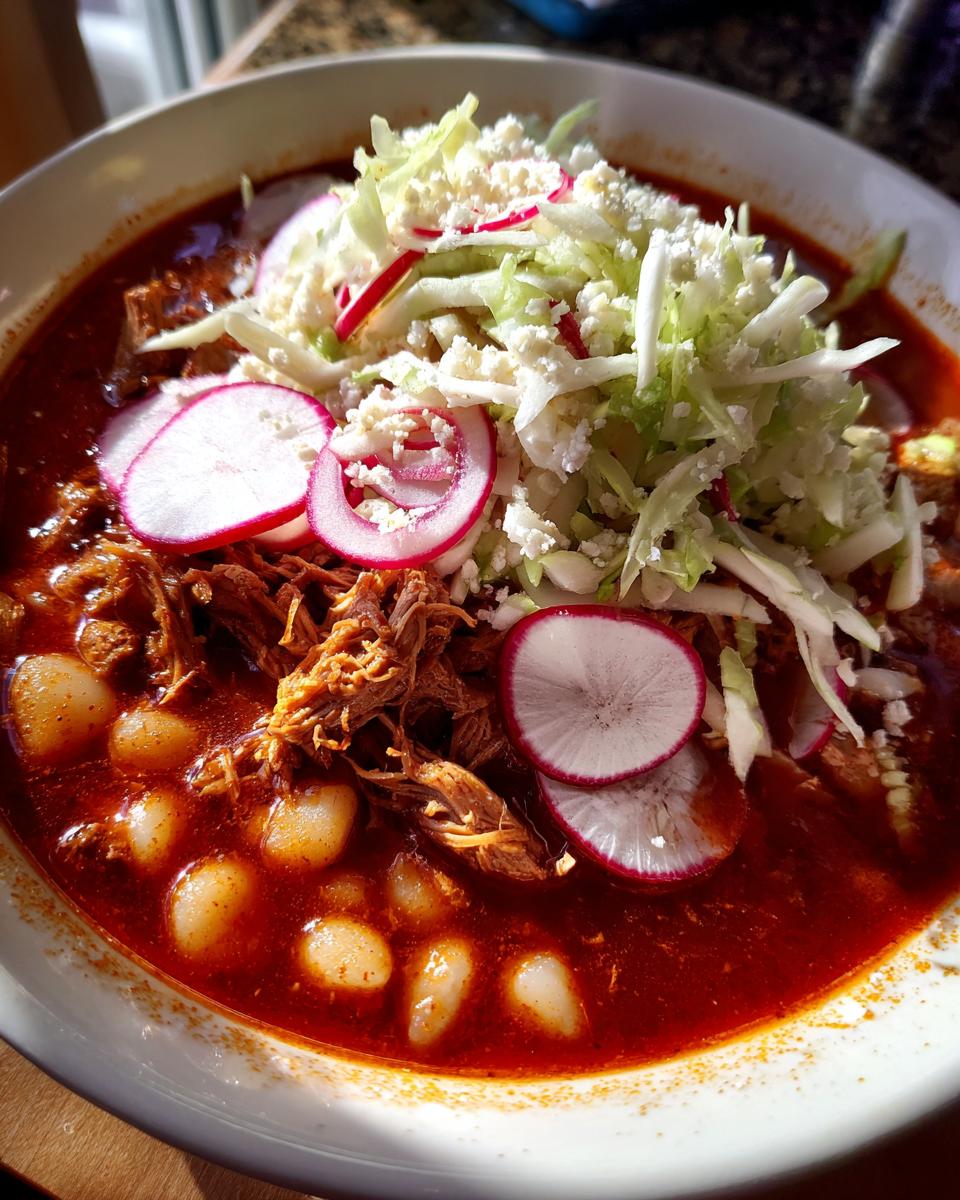 Close-up of a vibrant red Pozole soup filled with hominy, shredded pork, topped with shredded cabbage, radishes, and crumbled cheese.