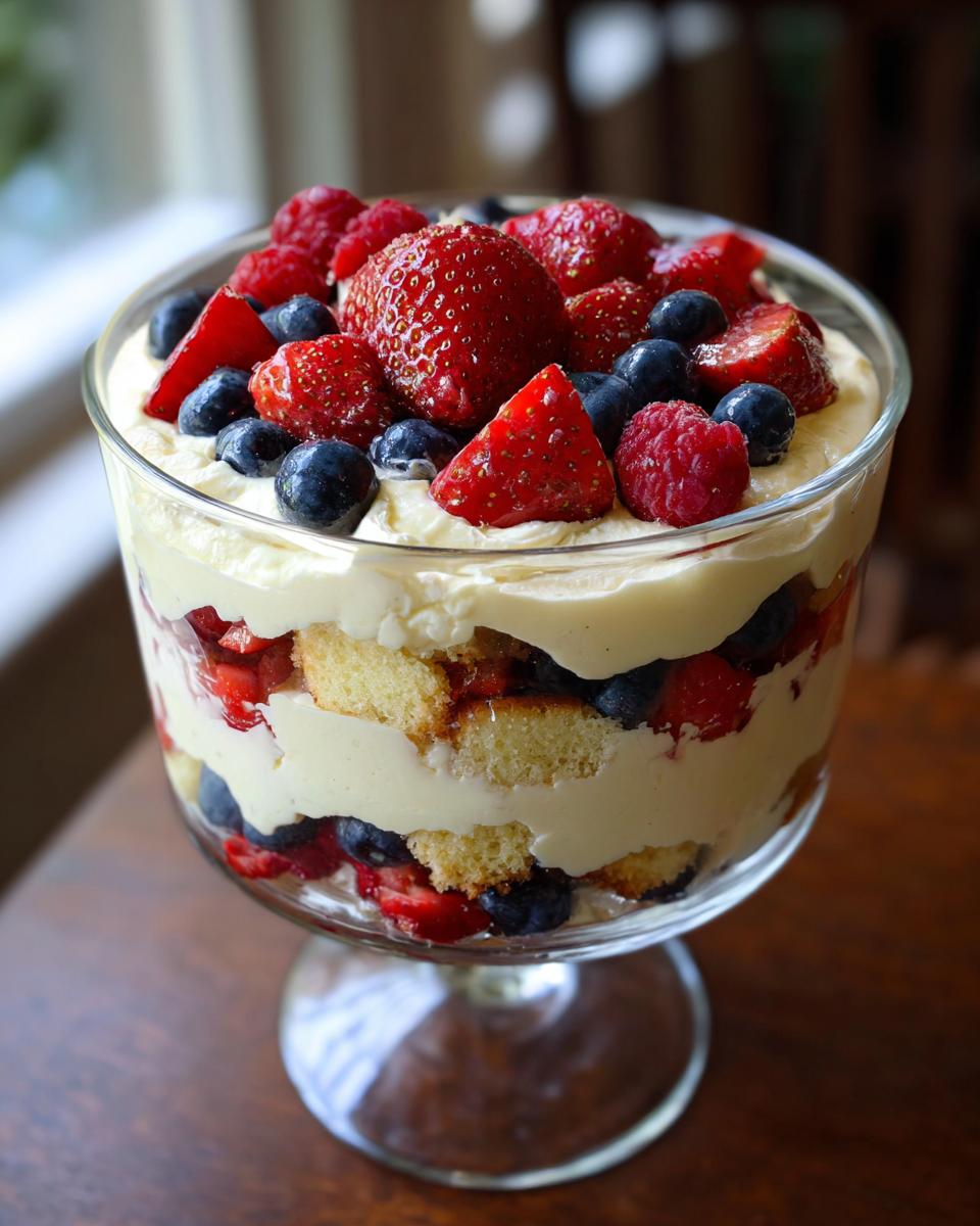 A layered Red white and blue berry trifle featuring cake, cream, strawberries, blueberries, and raspberries in a glass pedestal dish.