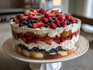 A layered Red white and blue berry trifle featuring cake, cream, strawberries, blueberries, and raspberries, displayed in a clear glass trifle dish.