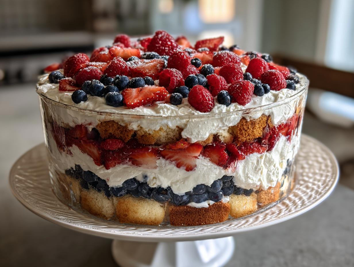 A layered Red white and blue berry trifle featuring cake, cream, strawberries, blueberries, and raspberries, displayed in a clear glass trifle dish.