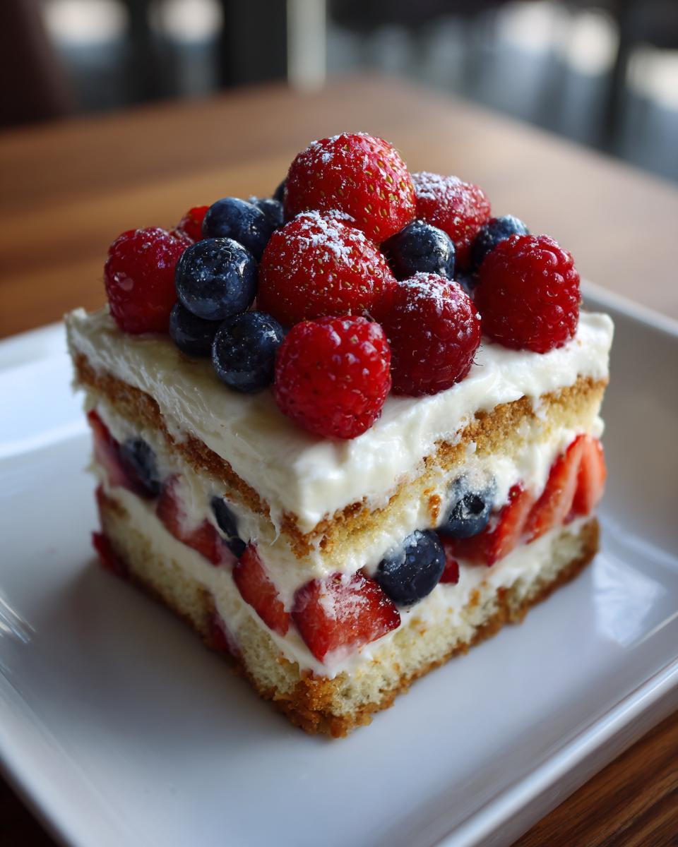 Close-up of a square slice of Red white and blue berry trifle layered with cake, cream, strawberries, and blueberries.