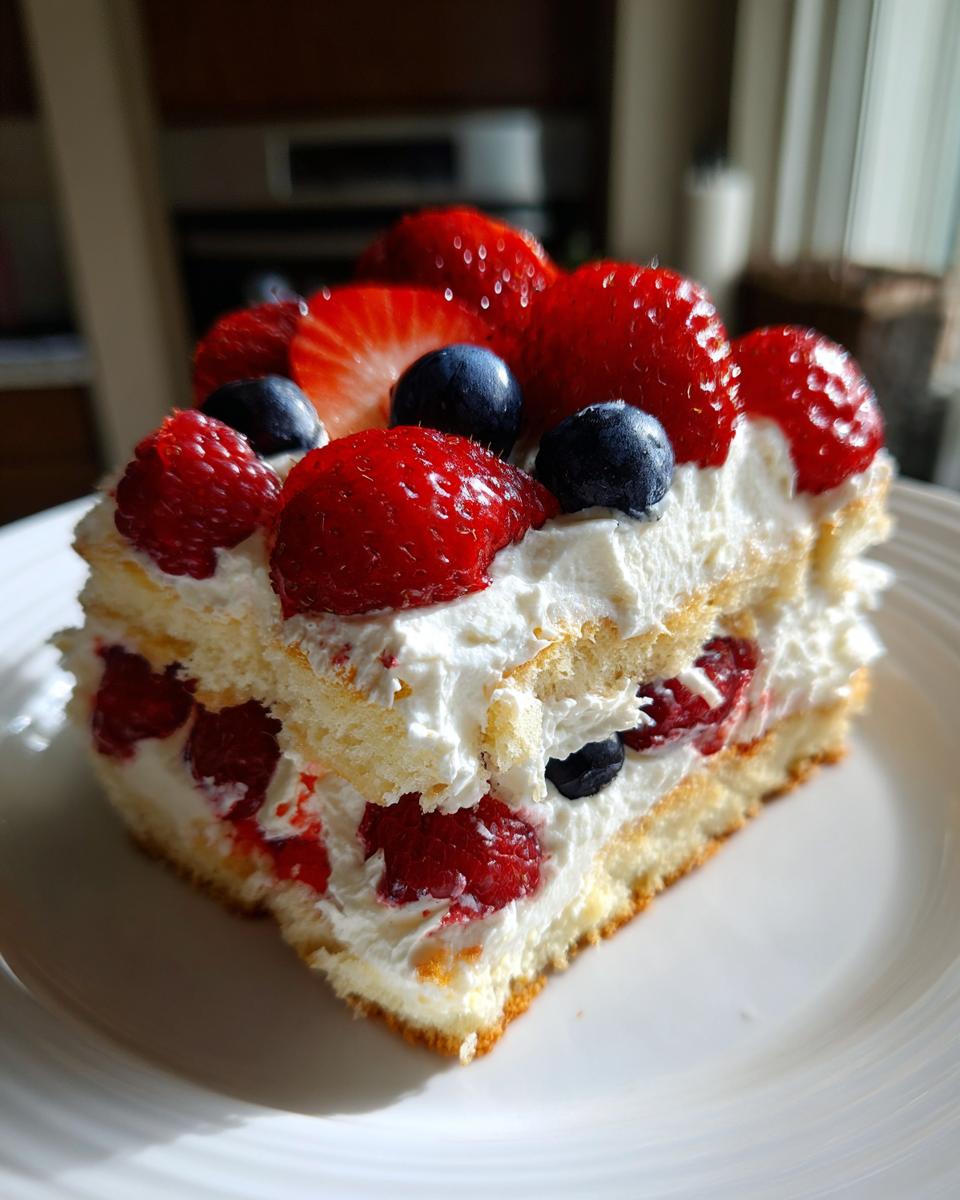 A close-up of a layered slice of red white and blue berry trifle featuring sponge cake, whipped cream, strawberries, and blueberries.