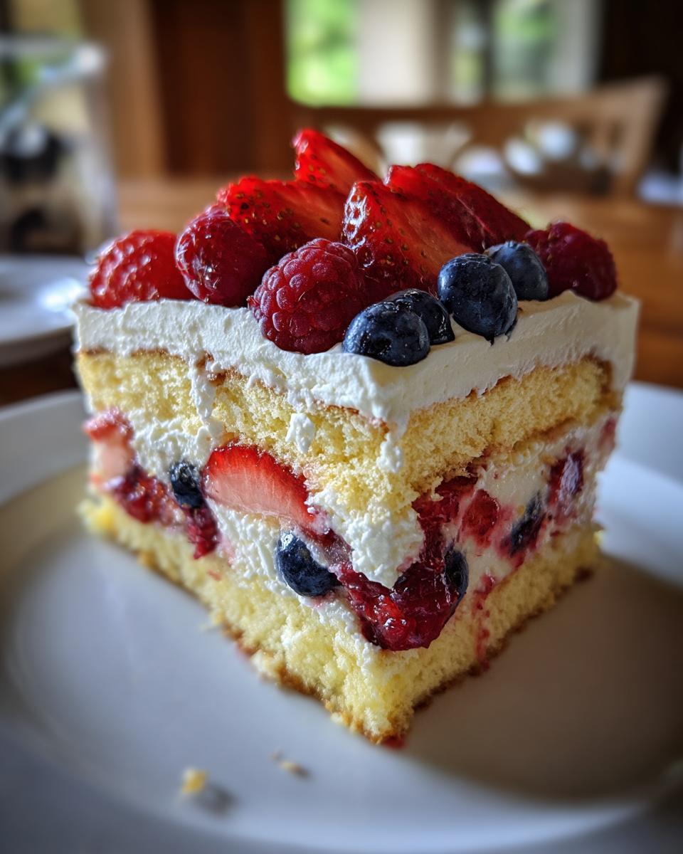 A close-up of a layered slice of Red white and blue berry trifle featuring sponge cake, cream, strawberries, raspberries, and blueberries.