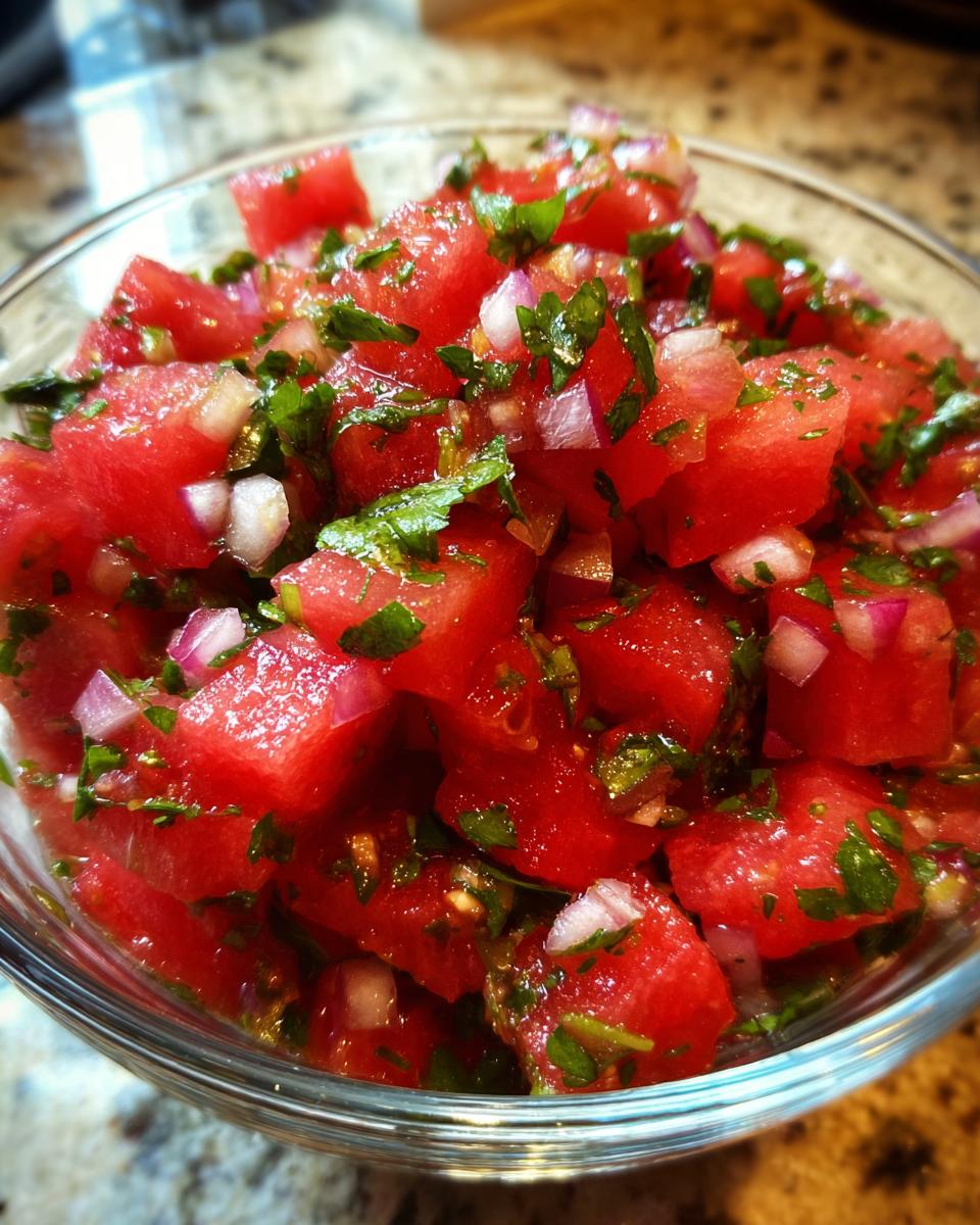 Close-up of vibrant Watermelon salsa cubes mixed with red onion and fresh herbs in a clear glass bowl.