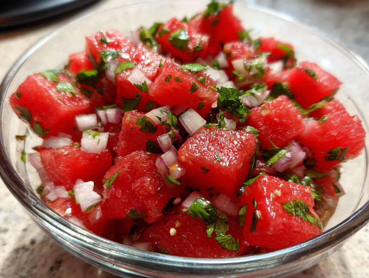 Close-up of vibrant red, cubed watermelon salsa mixed with diced red onion and fresh green herbs in a clear glass bowl.
