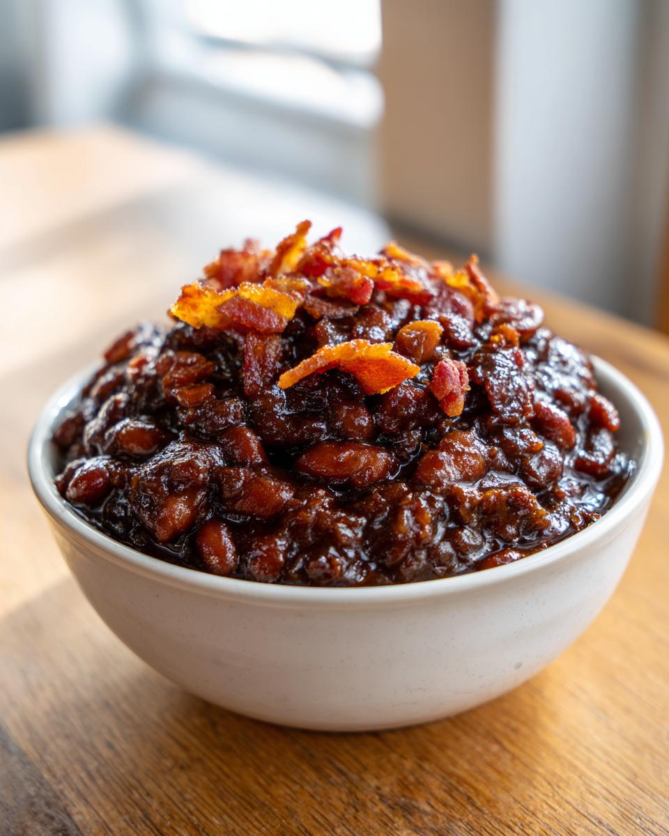 A white bowl filled with rich, dark BBQ baked beans, topped with crispy bacon crumbles.