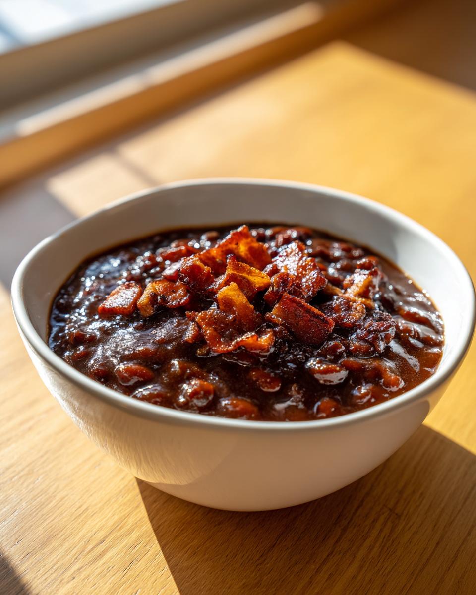 Close-up of a white bowl filled with rich, dark BBQ baked beans, topped generously with crispy bacon pieces.