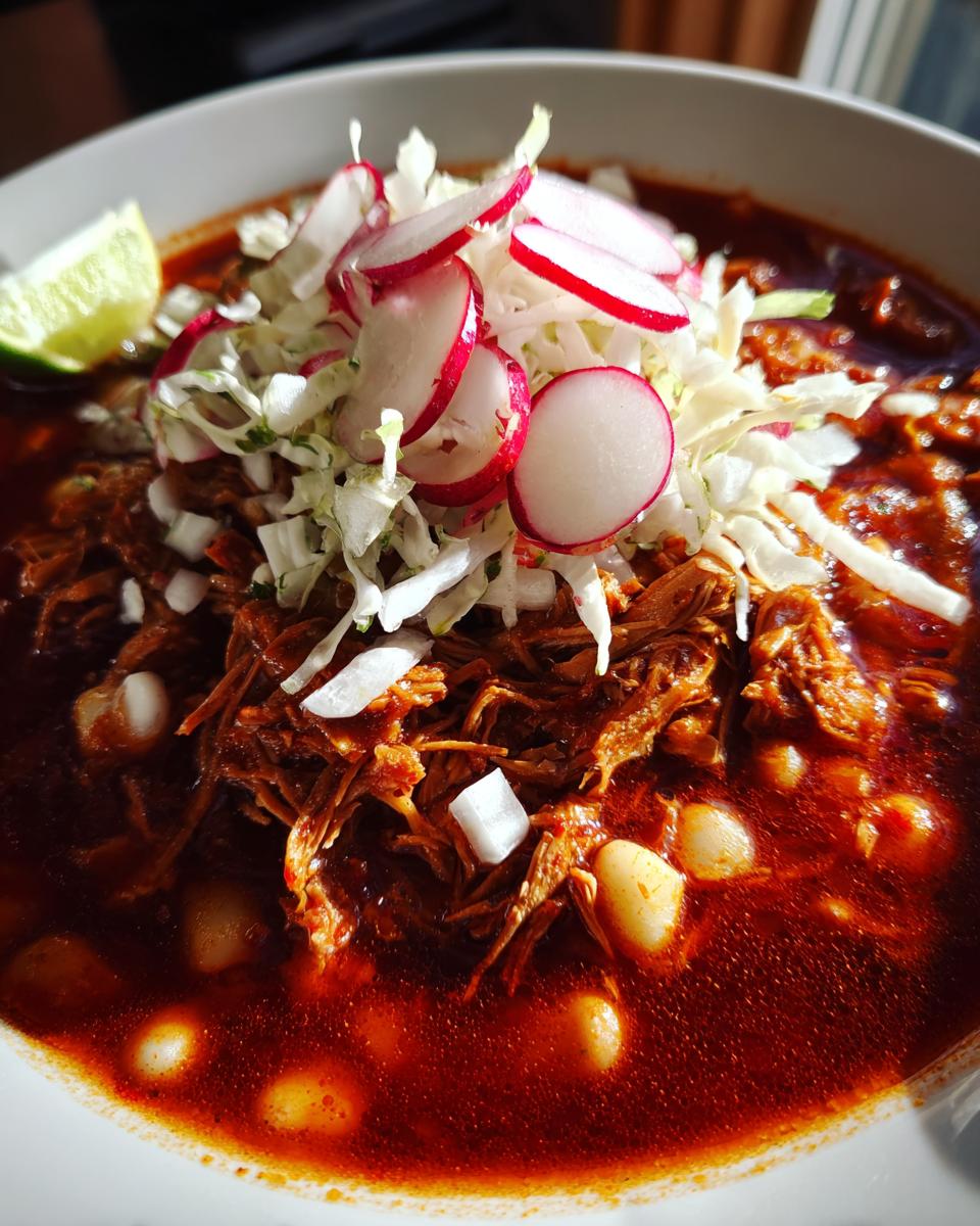 A close-up bowl of rich red Pozole featuring shredded meat, hominy, and topped with shredded cabbage, sliced radishes, and a lime wedge.