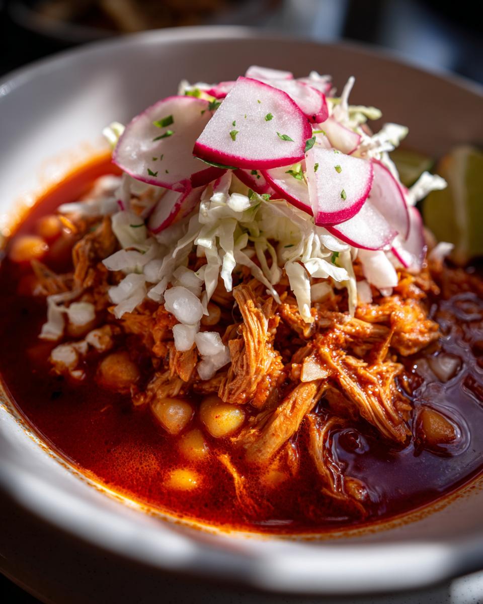Close-up of a bowl of rich red Pozole featuring shredded chicken, hominy, topped with shredded cabbage, diced onions, and sliced radishes.