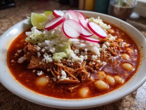 A close-up of a bowl of rich red Pozole featuring shredded pork, hominy, and fresh toppings like radishes and cheese.