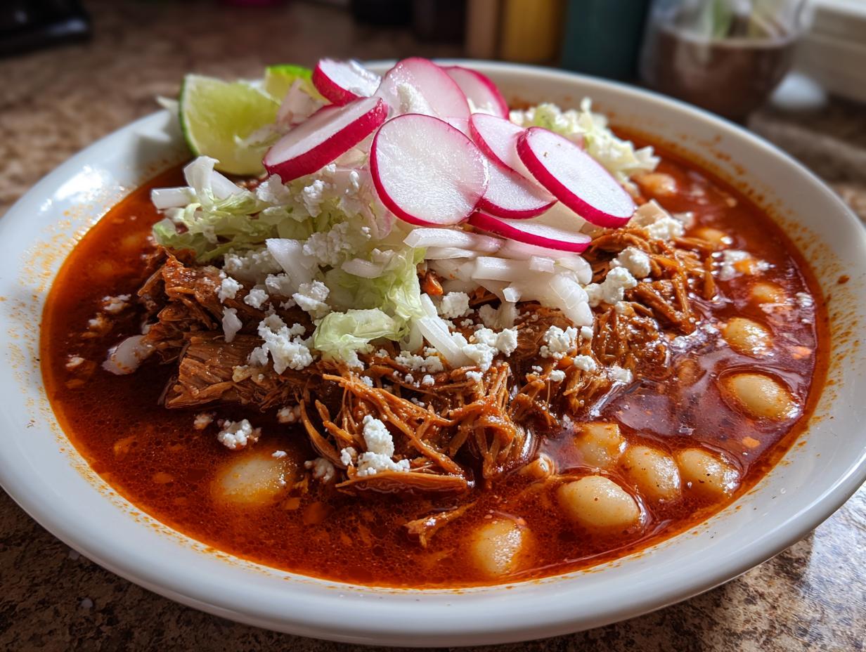 A close-up of a bowl of rich red Pozole featuring shredded pork, hominy, and fresh toppings like radishes and cheese.