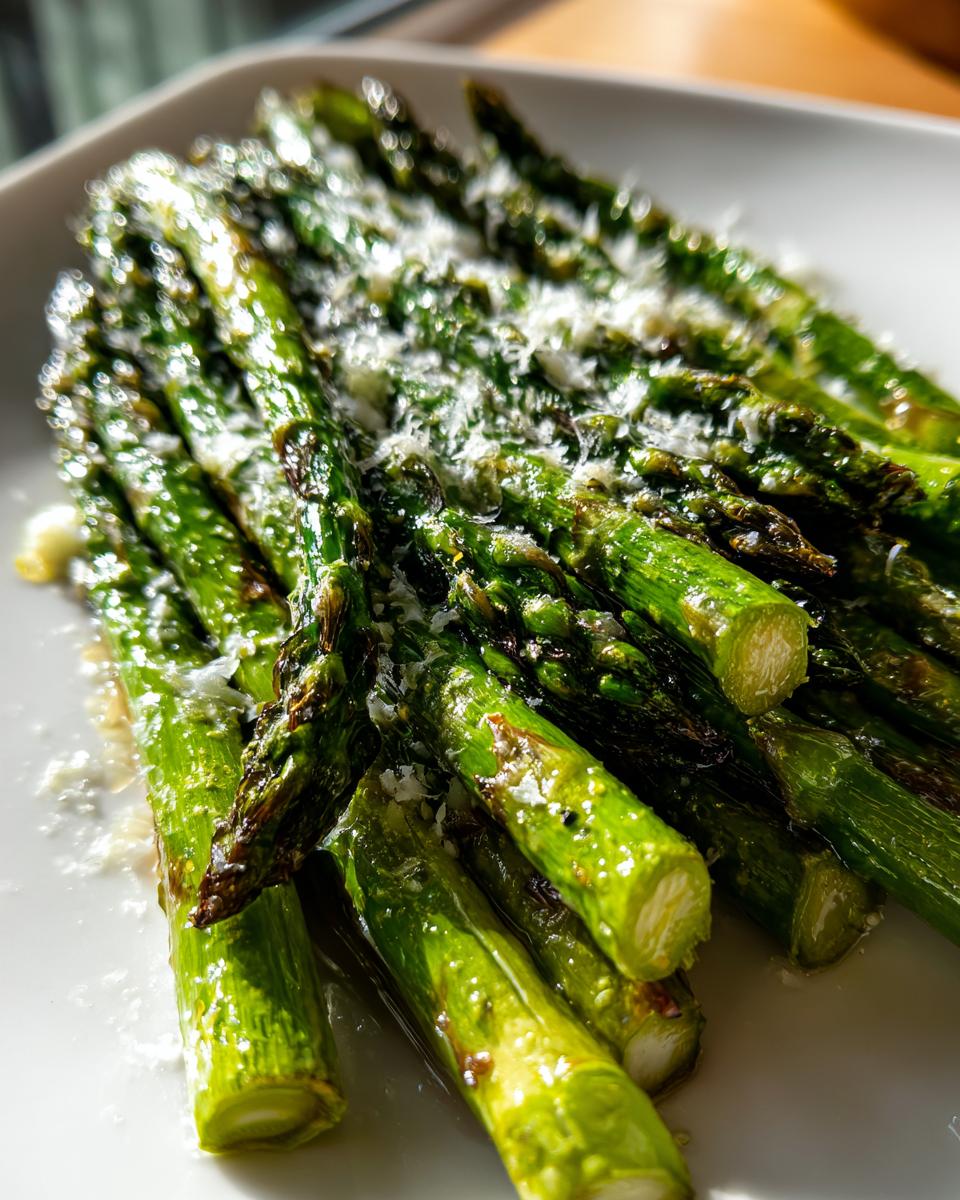 Close-up of bright green Roasted asparagus spears topped with grated Parmesan cheese on a white plate.