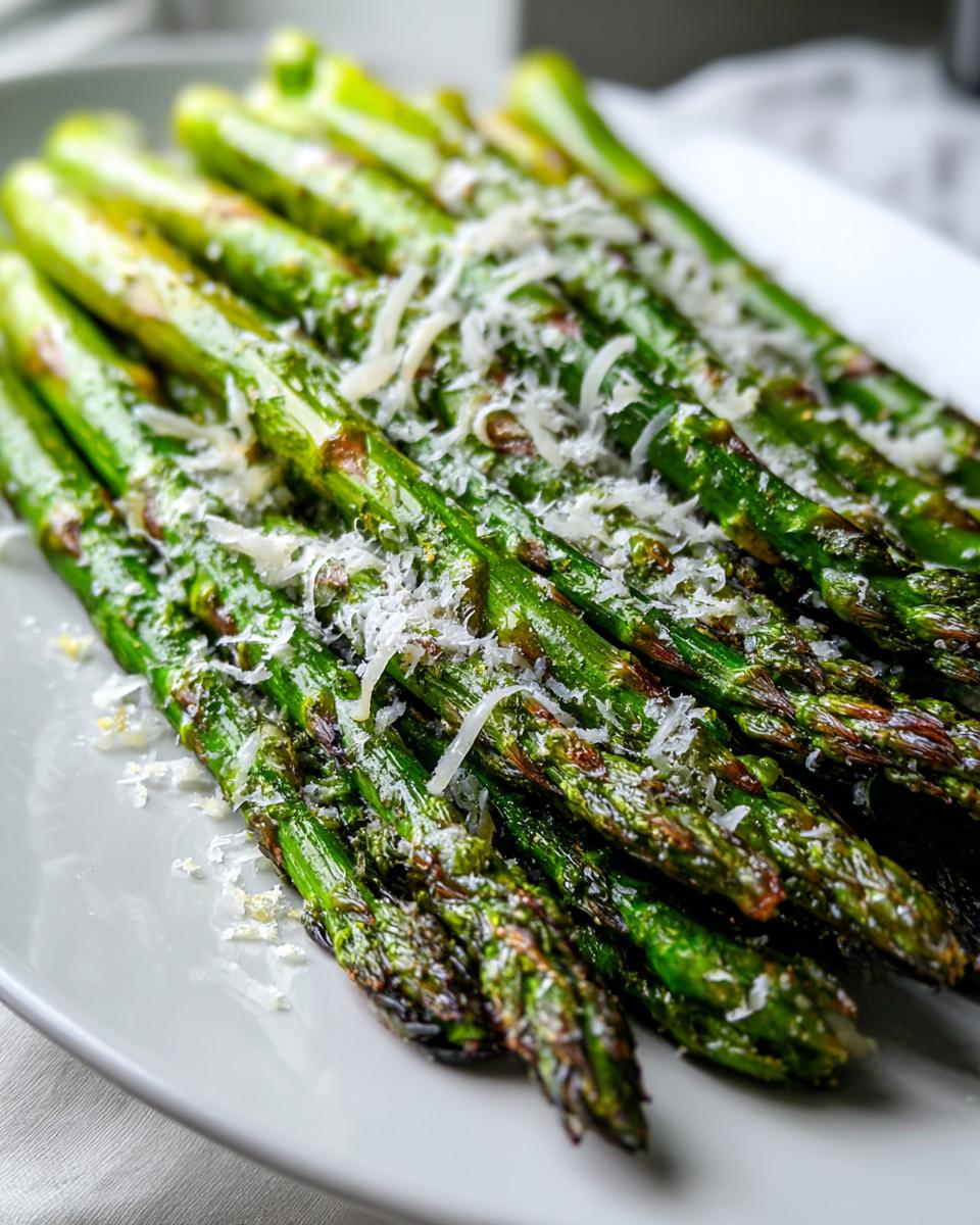 Close-up of bright green roasted asparagus spears topped with freshly grated Parmesan cheese.