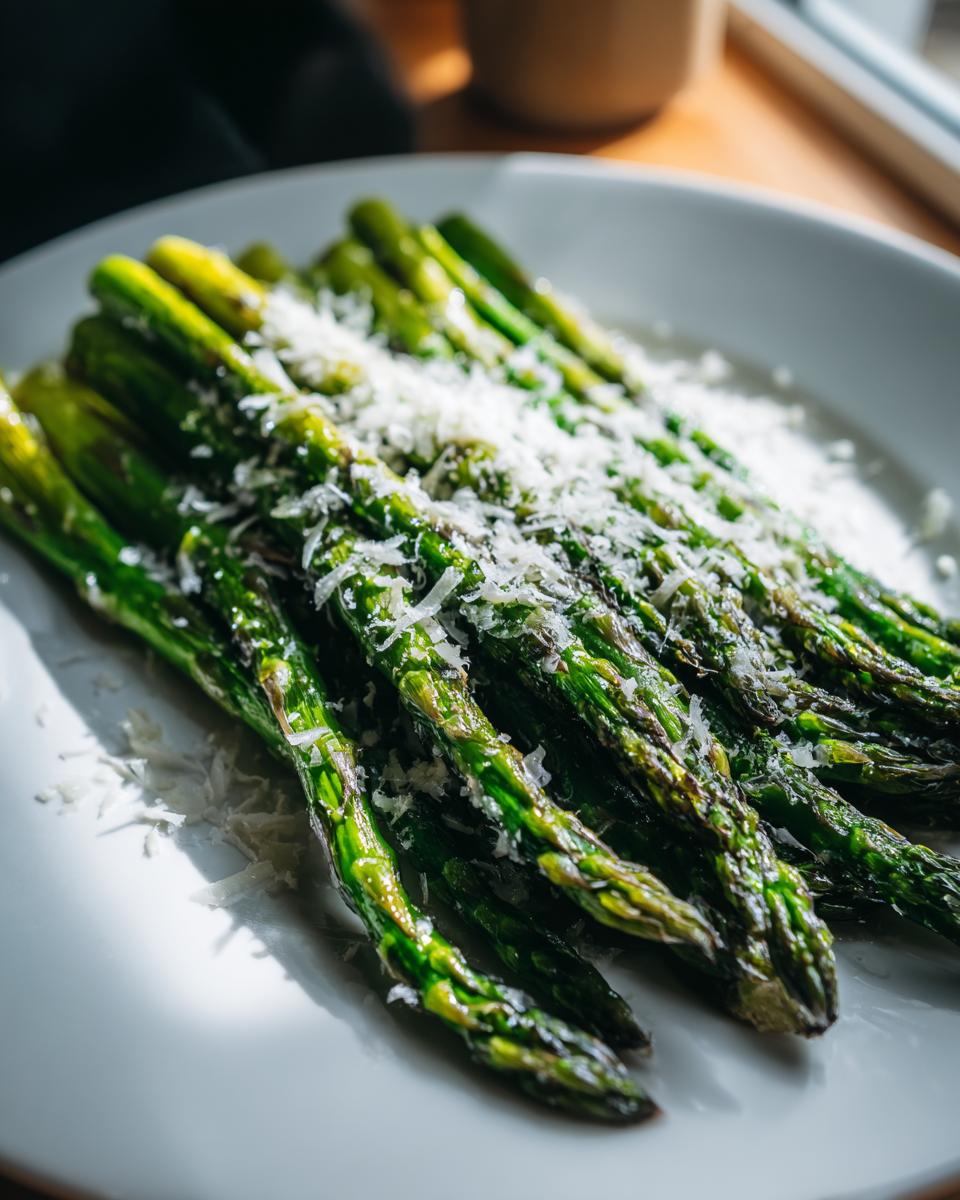 A close-up of bright green roasted asparagus spears topped generously with grated Parmesan cheese.