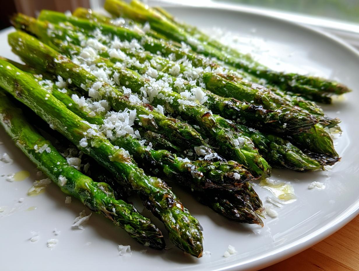Close-up of bright green roasted asparagus spears topped with shaved Parmesan cheese on a white plate.