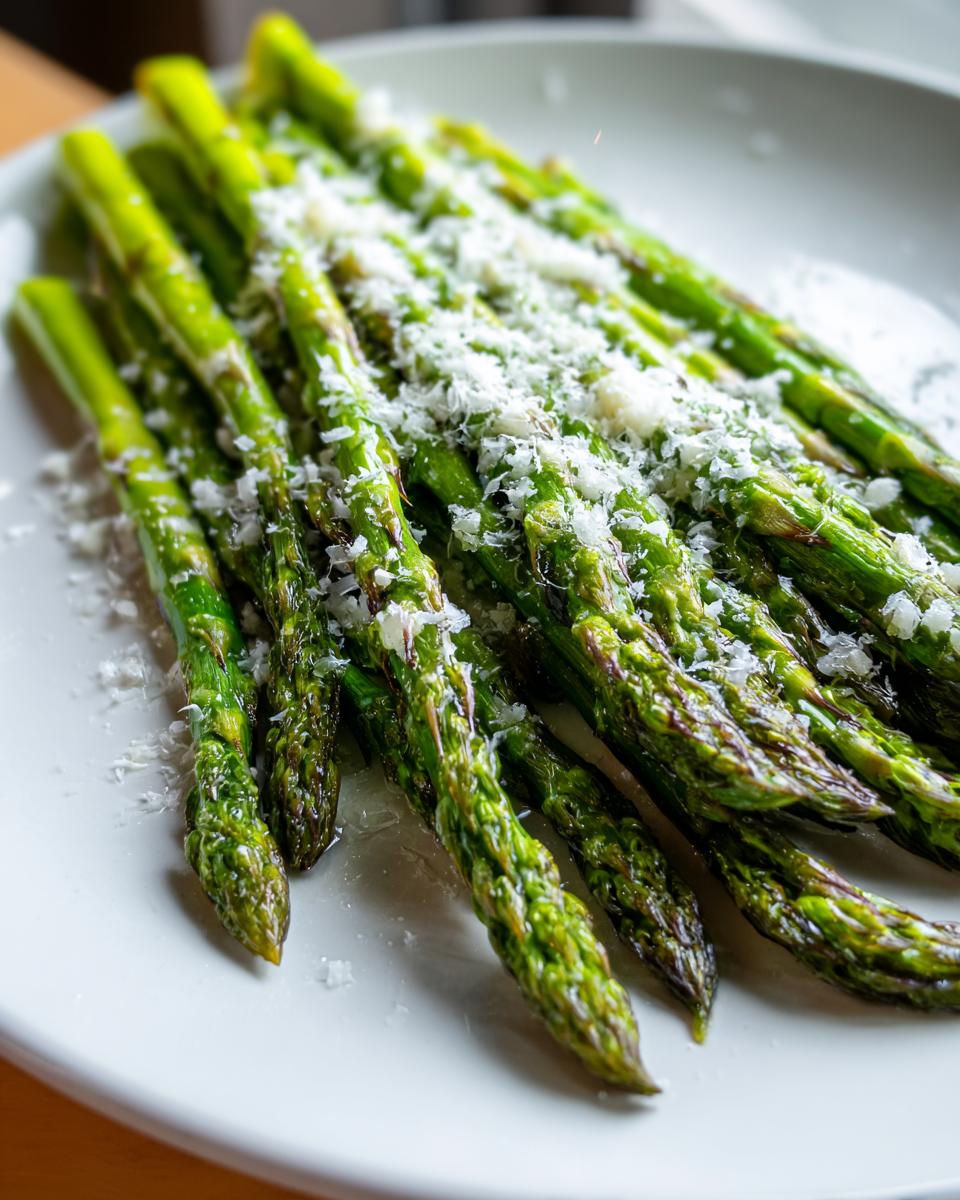 Close-up of bright green roasted asparagus spears topped generously with grated Parmesan cheese.