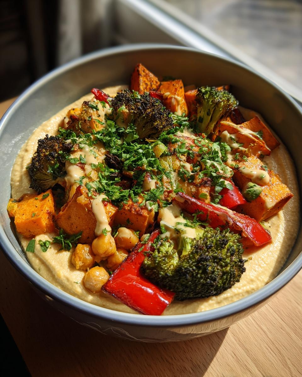 A vibrant hummus bowl topped with roasted sweet potatoes, charred broccoli, red peppers, chickpeas, and a tahini drizzle.