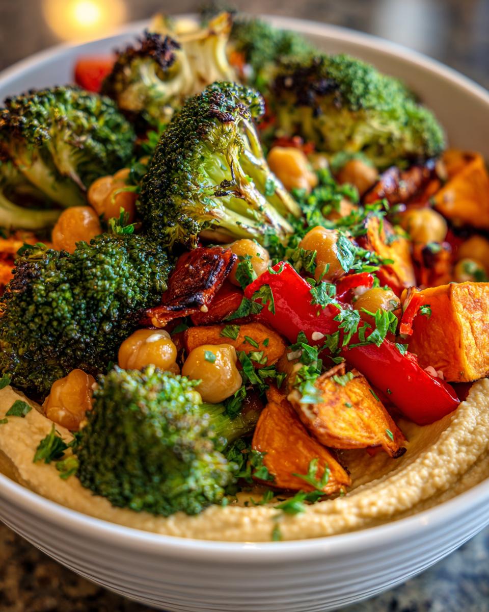 Close-up of a vibrant hummus bowl topped with roasted broccoli, sweet potatoes, chickpeas, and red peppers.
