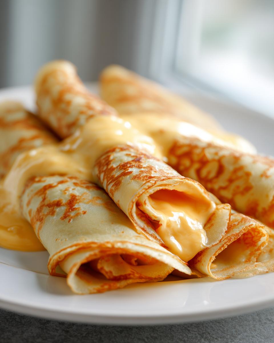 Close-up of rolled Crepe Suzette drizzled generously with rich orange sauce on a white plate.
