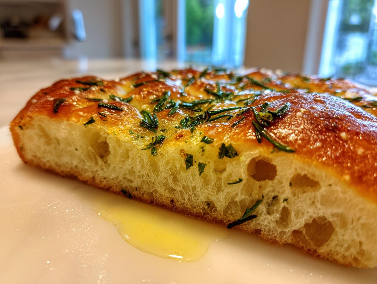 A close-up cross-section view showing the airy, open crumb structure of a freshly baked rosemary focaccia, drizzled with olive oil.