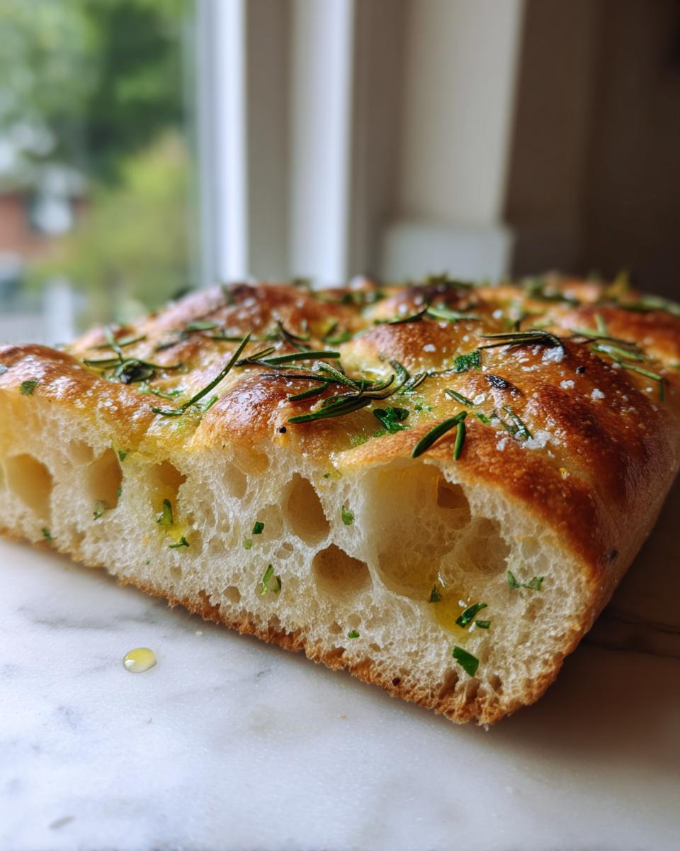 Cross-section view of a piece of Rosemary focaccia showing its airy, open crumb, topped with sea salt and fresh rosemary.