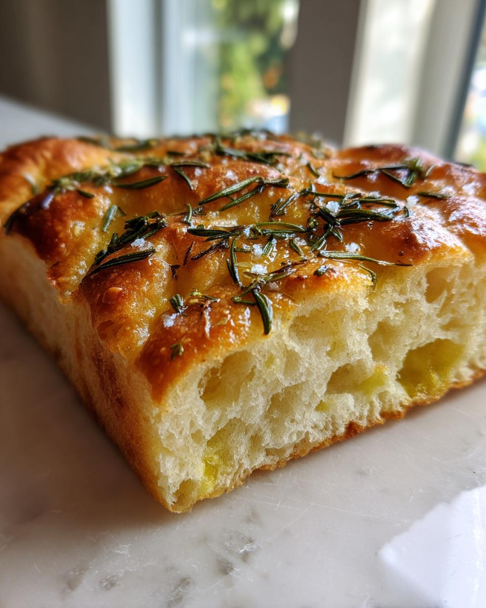 A close-up cross-section showing the airy crumb and golden, olive oil-drizzled top of a homemade Rosemary focaccia.