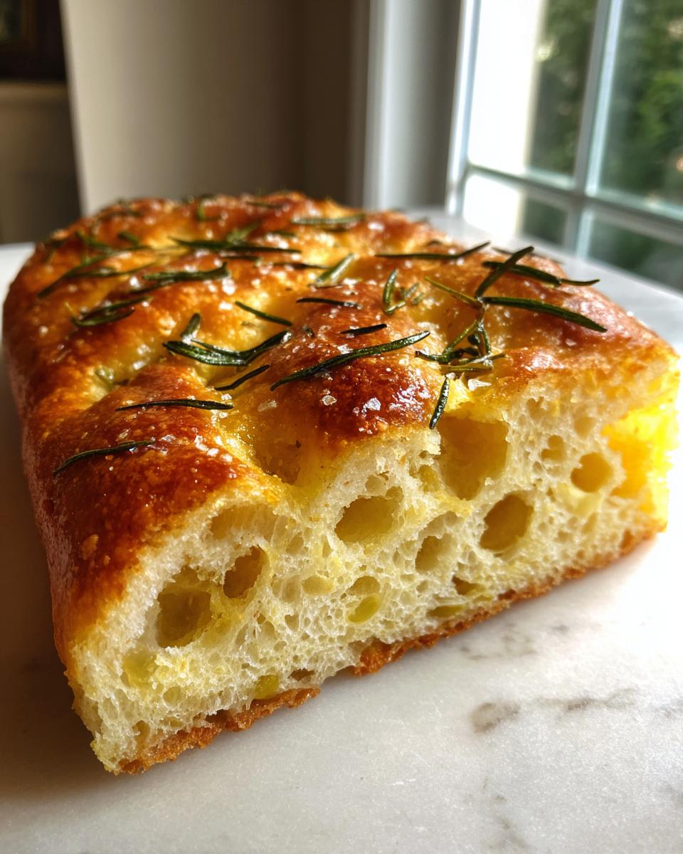 A close-up cross-section view of a golden Rosemary focaccia loaf showing the airy, open crumb structure, topped with fresh rosemary and sea salt.
