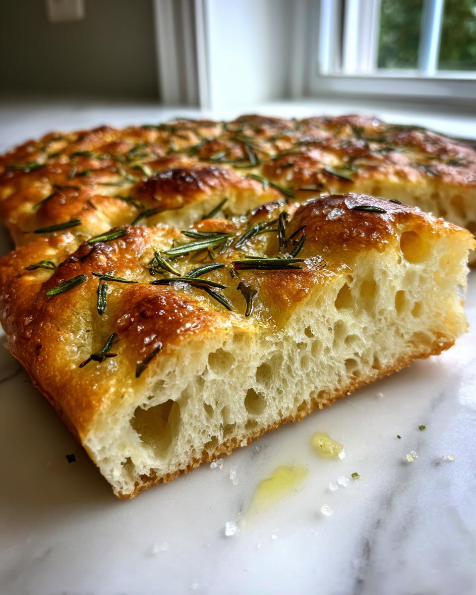 Close-up of a thick slice of golden Rosemary focaccia showing its airy, open crumb structure and glistening olive oil.