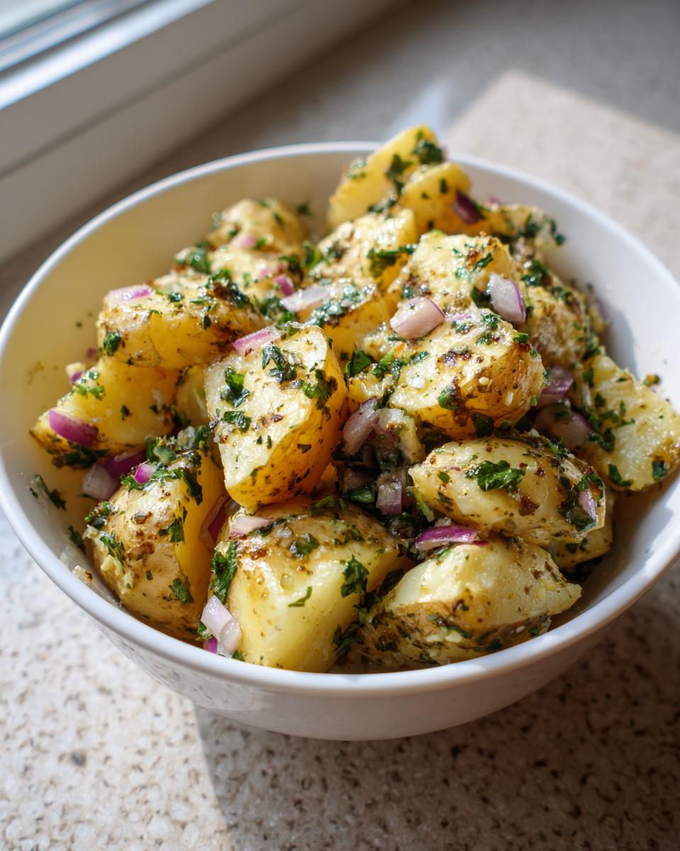 Close-up of a white bowl filled with vibrant Salt and vinegar potato salad, featuring chunks of potato, red onion, and fresh herbs.