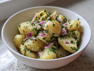 Close-up of vibrant salt and vinegar potato salad featuring boiled potatoes, red onion, and fresh parsley in a white bowl.