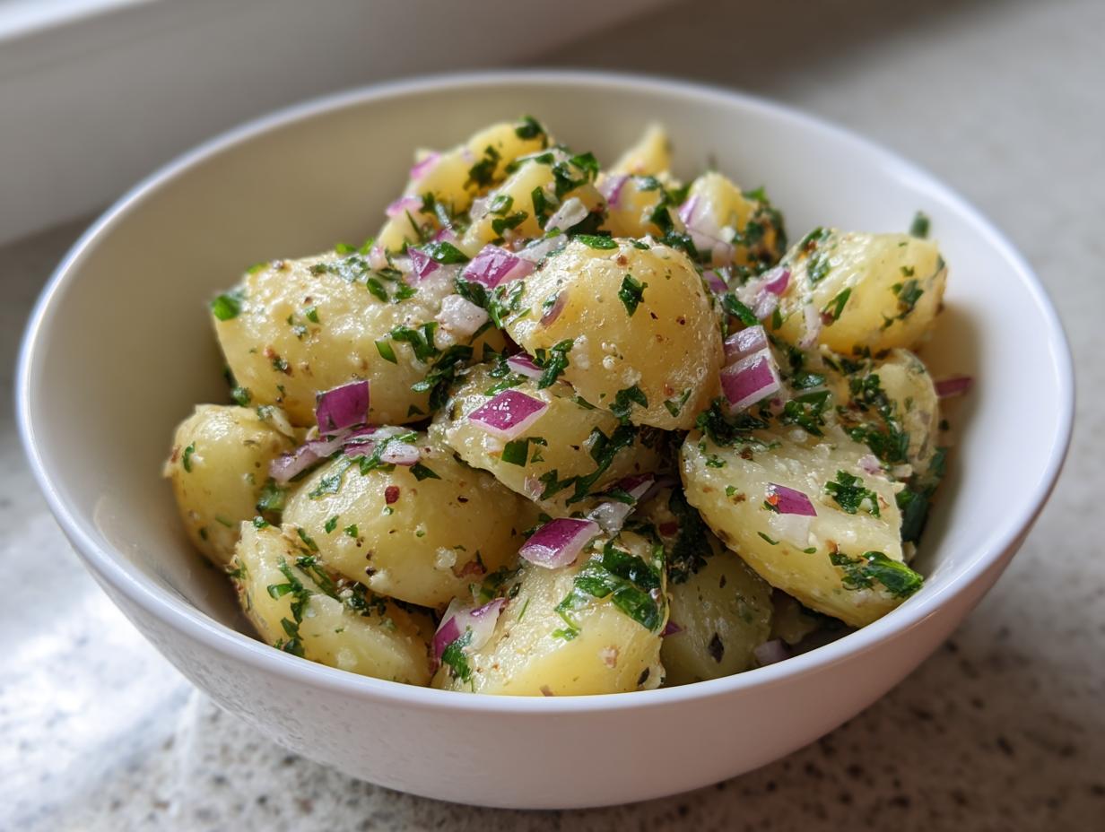 Close-up of vibrant salt and vinegar potato salad featuring boiled potatoes, red onion, and fresh parsley in a white bowl.