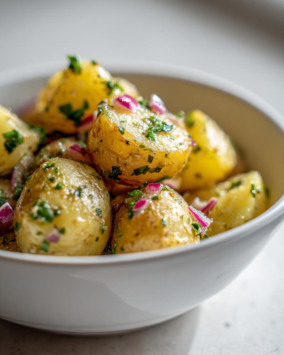 Close-up of bright yellow potatoes tossed with red onion and herbs in a white bowl, representing salt and vinegar potato salad.