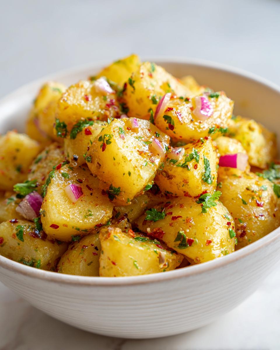 Close-up of tangy Salt and vinegar potato salad chunks tossed with red onion and parsley in a white bowl.