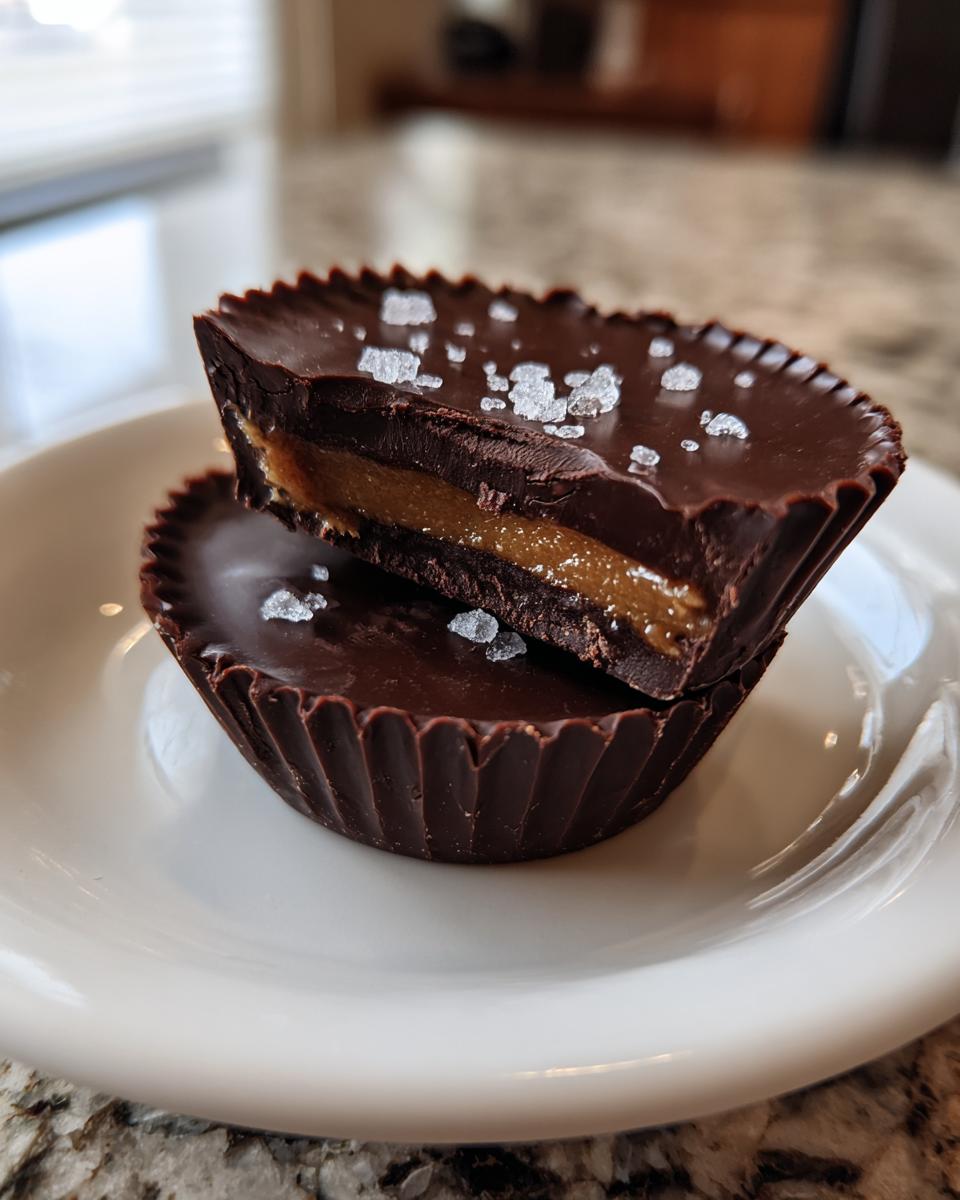 Two homemade peanut butter cups stacked, one cut in half revealing a gooey caramel filling, topped with sea salt.