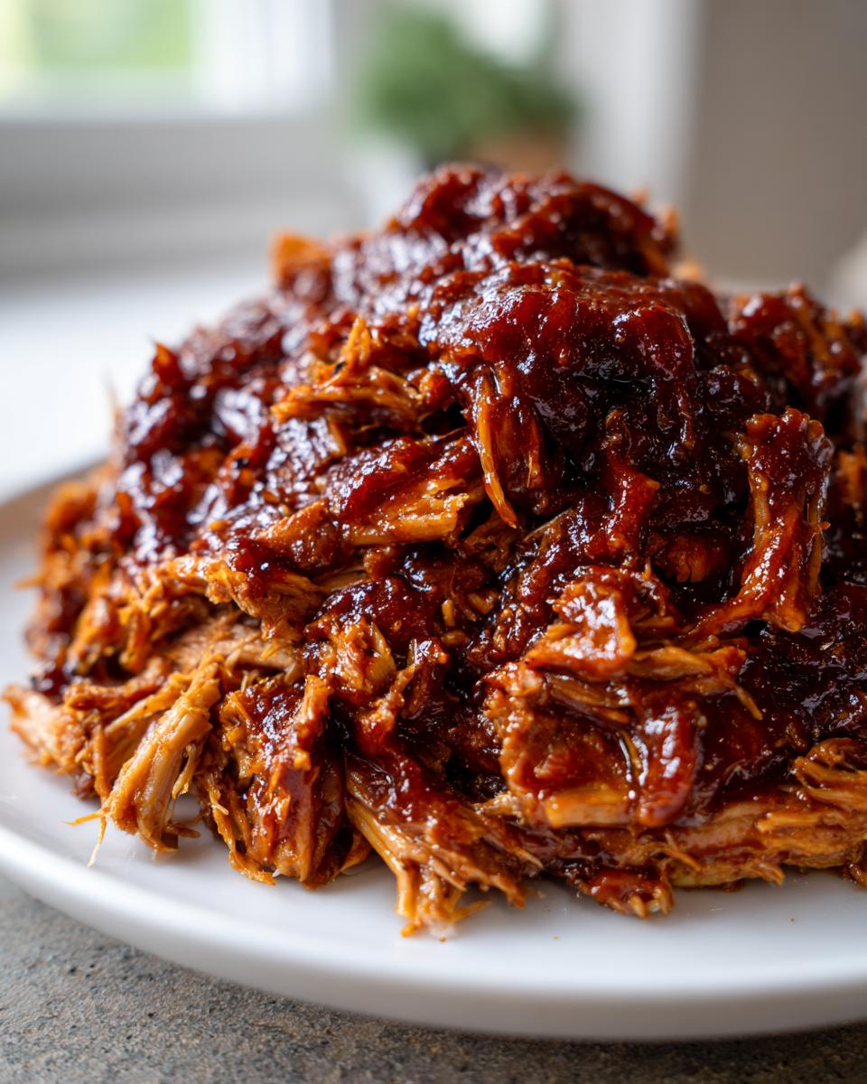Close-up of shredded, tender Slow Cooker Pulled Pork heavily coated in a rich, dark barbecue sauce.