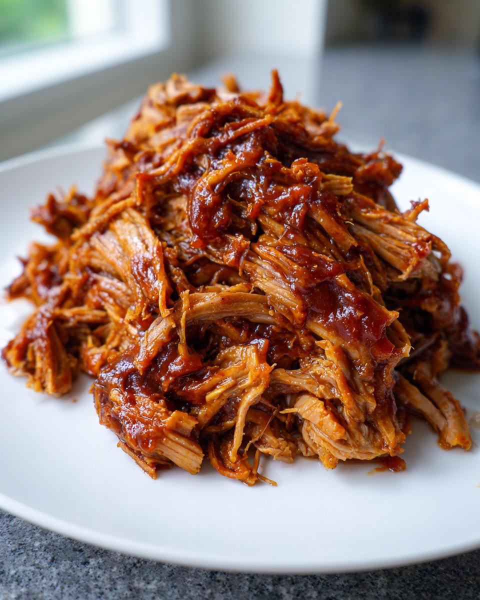 Close-up of a generous mound of saucy Slow Cooker Pulled Pork piled high on a white plate.