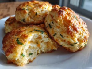 Close-up of fluffy, golden-brown savory cheddar biscuits topped with chopped chives on a white plate.