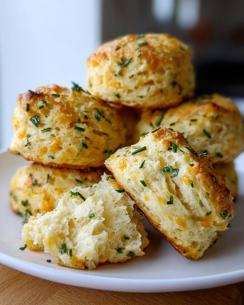 A stack of golden brown savory cheddar biscuits topped with fresh green chives, one biscuit broken open.