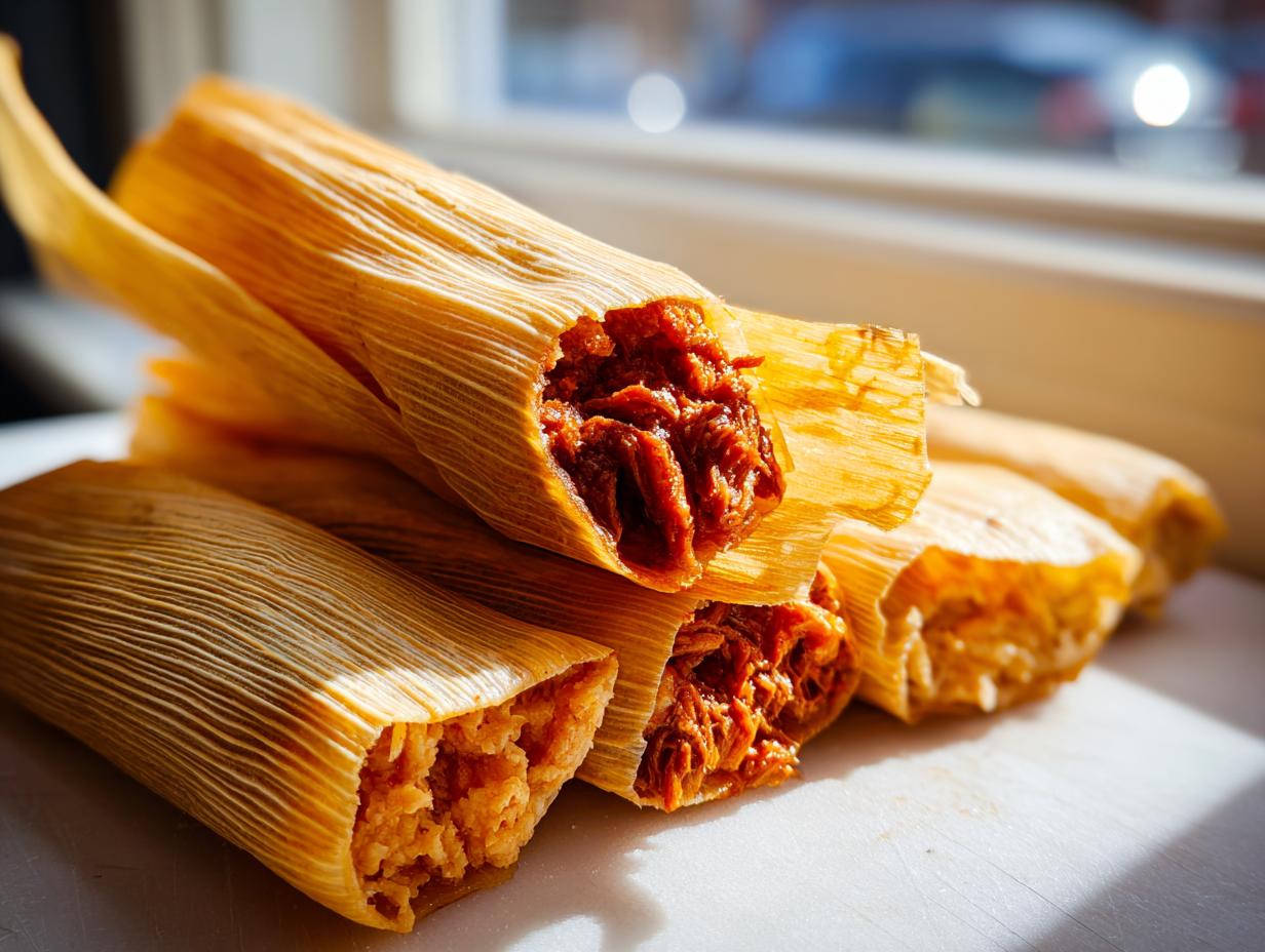 A stack of freshly unwrapped tamales showing the rich, savory red filling inside the corn husk wrappers.