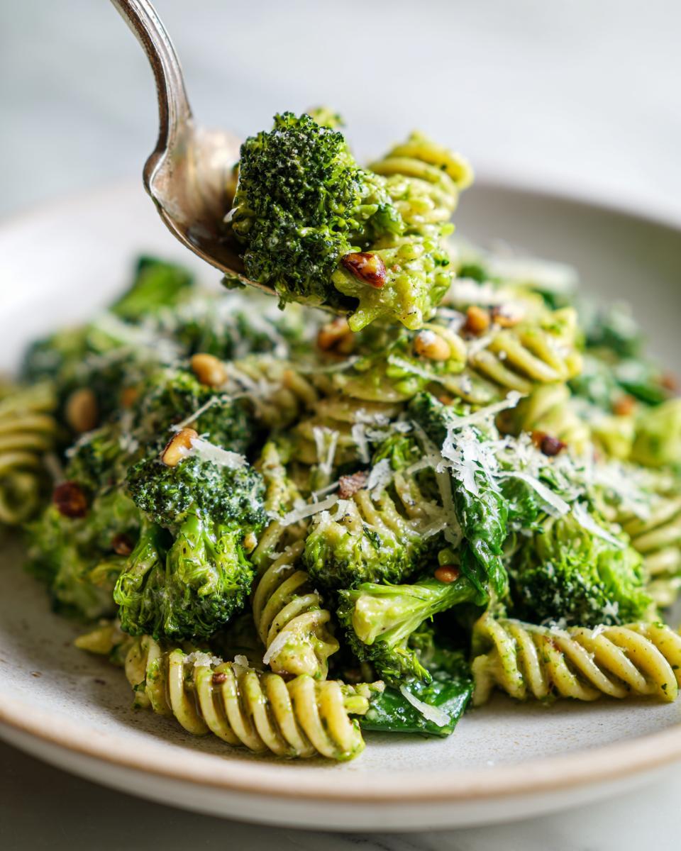 A spoonful of vibrant Broccoli caesar pasta salad featuring rotini pasta, bright green broccoli florets, and grated Parmesan cheese.