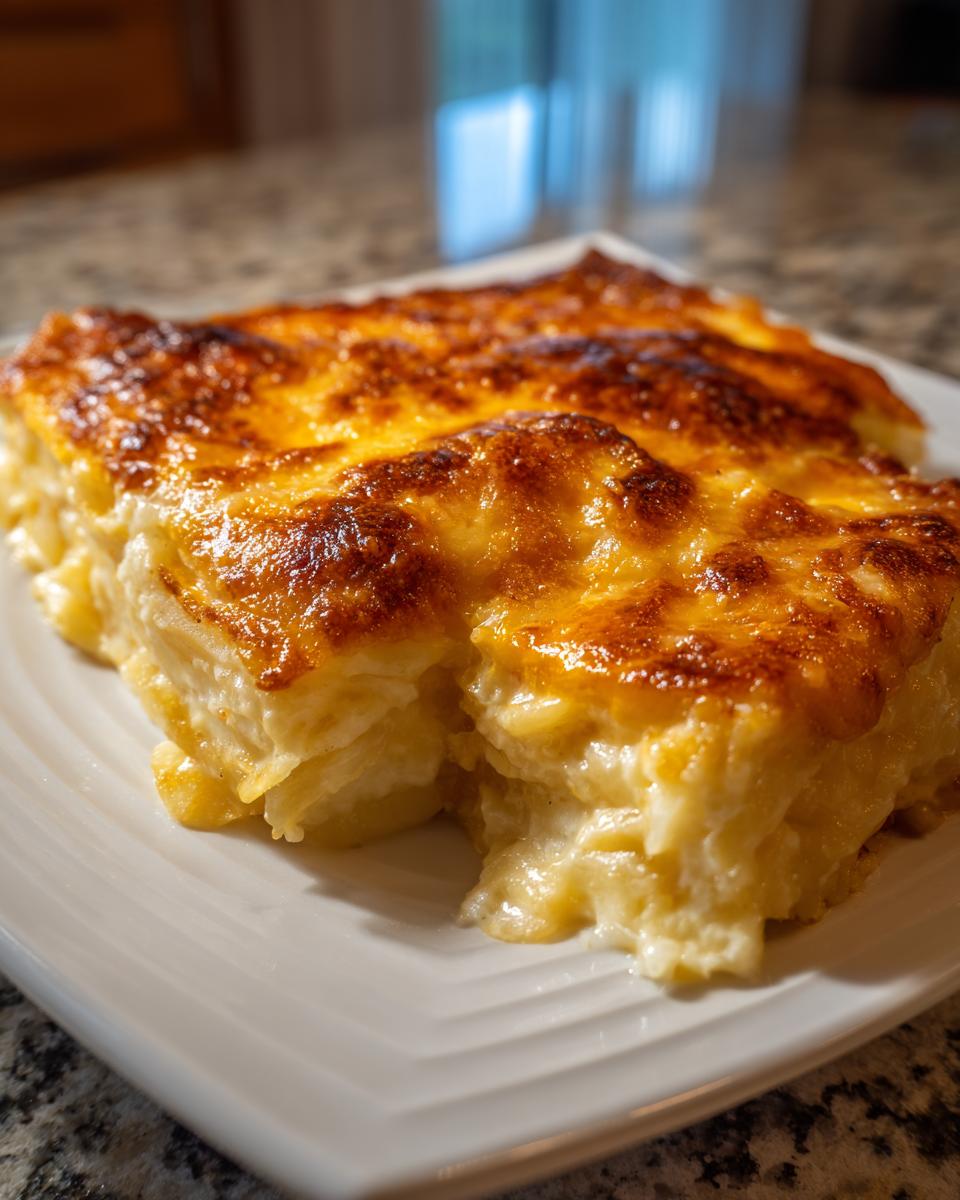 A close-up serving of creamy scalloped potatoes with a deeply browned, cheesy crust.