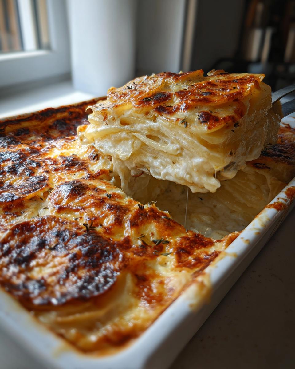 A serving utensil lifts a cheesy, layered slice of baked scalloped potatoes from a white baking dish.