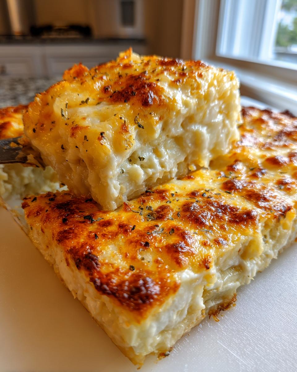 A serving fork lifts a creamy slice of baked scalloped potatoes with a golden, cheesy crust.