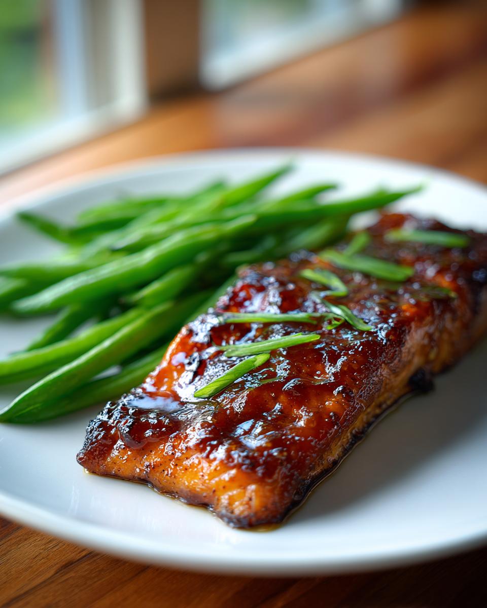 Close-up of a perfectly cooked Sheet-pan miso honey salmon fillet with a shiny glaze, served with green beans.