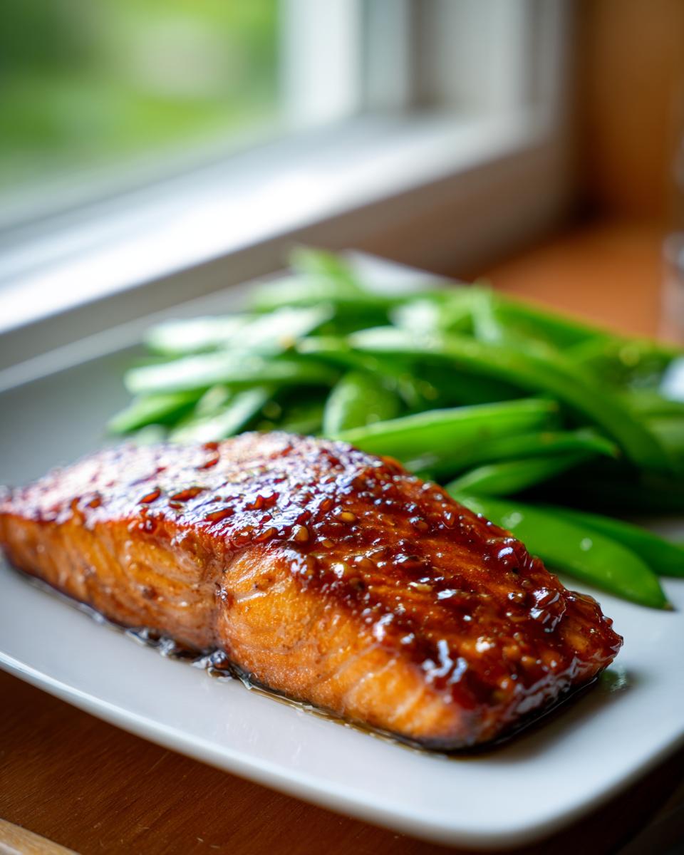 Close-up of a perfectly cooked Sheet-pan miso honey salmon fillet with a glossy glaze, served with bright green snap peas.