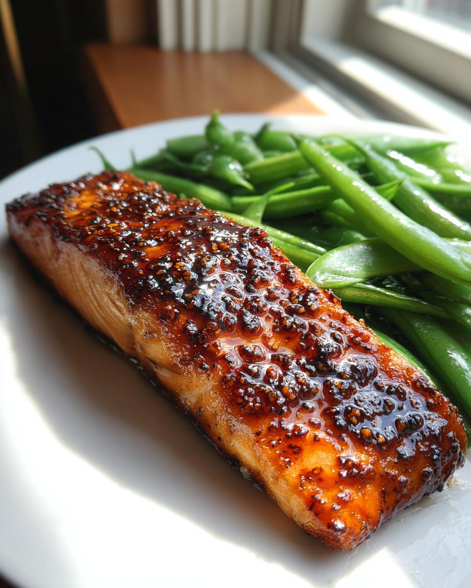 Close-up of a perfectly cooked Sheet-pan miso honey salmon fillet with a sticky, dark glaze, served next to bright green beans.
