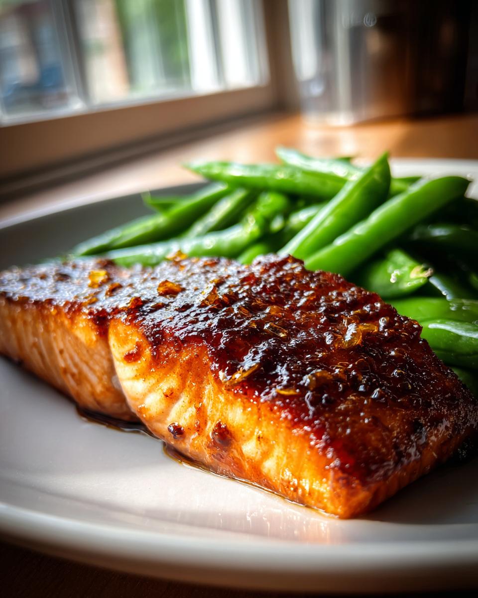 Close-up of a perfectly cooked Sheet-pan miso honey salmon fillet with a dark, glossy glaze, served alongside bright green snap peas.