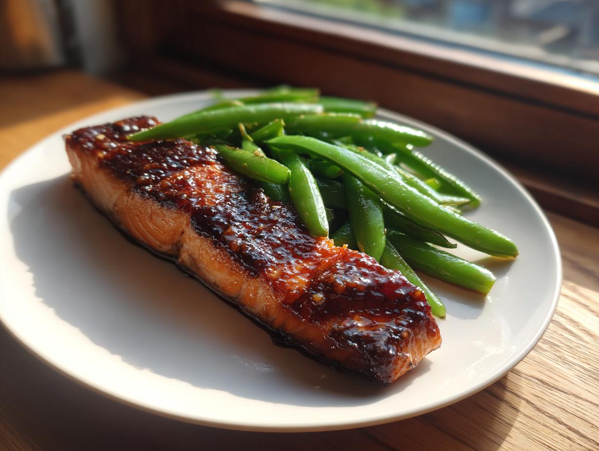 A perfectly cooked fillet of Sheet-pan miso honey salmon with a dark, shiny glaze served next to bright green beans on a white plate.