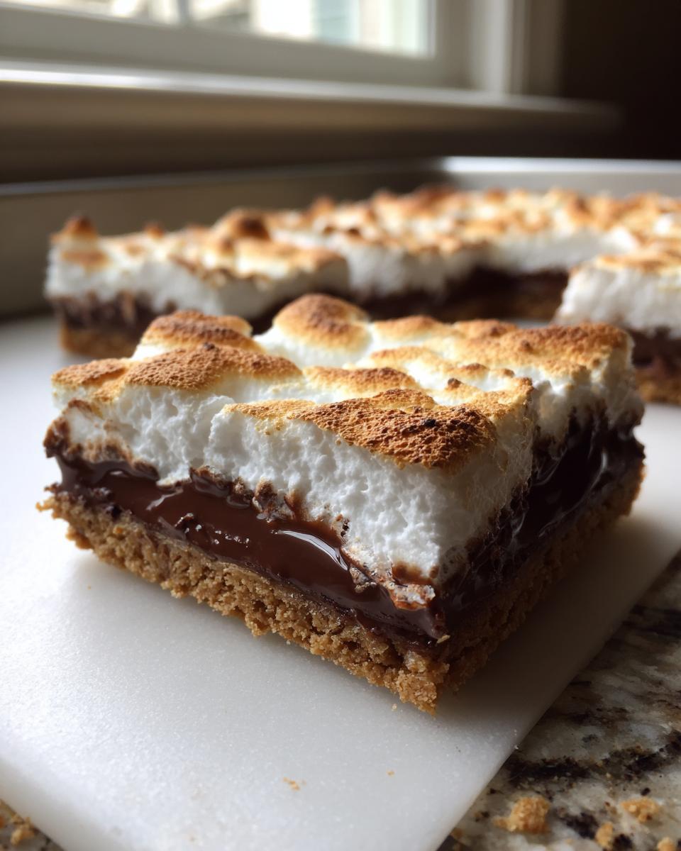 A close-up of a single serving bar of Sheet pan smores, showing a graham cracker crust, melted chocolate, and toasted marshmallow topping.